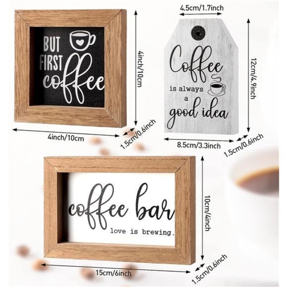 3 Pieces Mini Coffee Bar Sign Farmhouse Wooden But First Wood Chocolate Framed - Picture 3 of 6